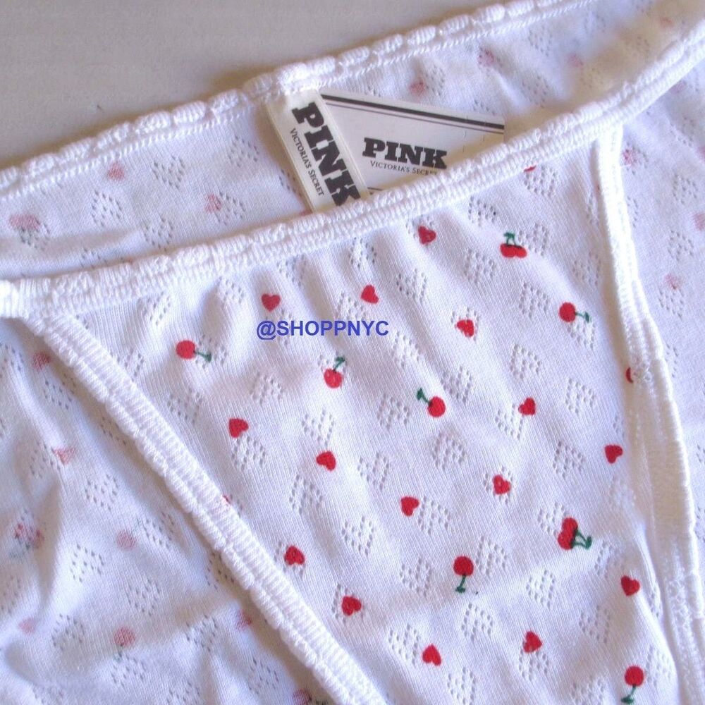 Victoria Secret PINK 100% Cotton String Bikini Panty White Cherry Hearts M L XL